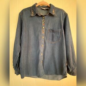 Lemonade Blouse Women’s Medium Blue Cotton Denim Embroidered Button Up Cowgirl